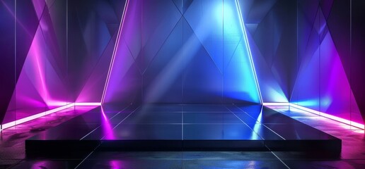 Wall Mural - Garage Hall Tunnel Corridor Neon Sign Glowing Blue Purple Vibrant Virtual Reality Space Ship 3D Rendering in an underground sci-fi metal grid mesh room