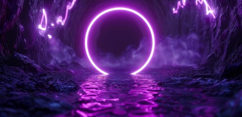 Poster - This futuristic violet glowing neon round portal has a sci-fi metal construction.
