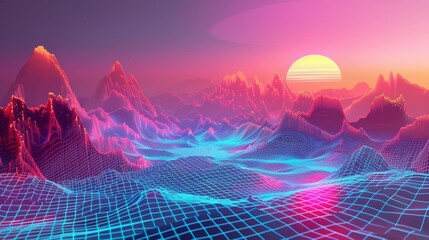 Poster - abstract futuristic grid landscape 1980s style. retro sci-fi background in 3d.