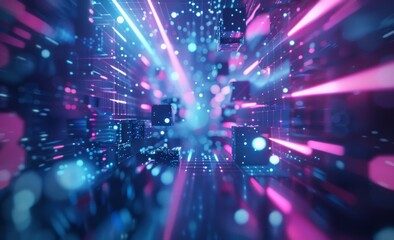 Poster - a futuristic sci-fi cyberspace in neon light. digital blocks of information. tunnels, gates and a ci