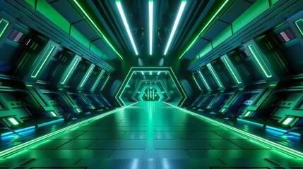 Poster - This 3D rendering is a rendering of a vibrant laser triangle podium on a podium of green, blue, neon fluorescent Pantone color system. This is representing a warehouse tunnel party club, in the