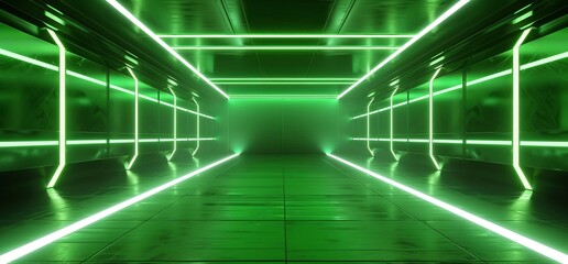 Canvas Print - An underground concrete metal construction 3D rendering of a futuristic sci-fi dance club stage showcase with lasers, neon green Pantone colors, and neon blues