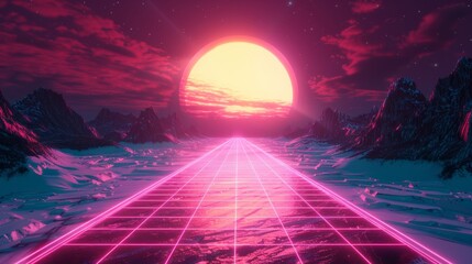 Poster - continent map with neon light grid and sun. retro background. 80s style. cg rendering.