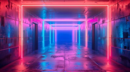 Poster - The 3D rendering depicts a neon retro blue purple red vivid reflective chrome abstract wall at a club night, meeting underground while dancing under the stars.