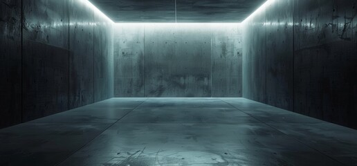 Poster - 3D Rendering of a vacant cement warehouse with a sci-fi futuristic white and blue illumination, led light tunnel corridor, underground parking, grungy concrete floors and concrete walls.