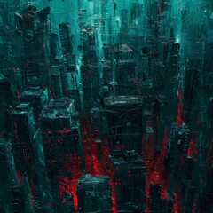 Sticker - Dark towering cyberpunk cityscape with dark futuristic futuristic science fiction cityscape at night.