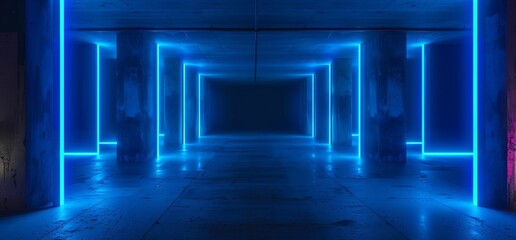Poster - Industrial Cyber Futuristic Stage Lighting Blue Neon Display Empty Background Realistic Concrete Tunnel Corridor Hangar Dark Rendering Scifi Science Fiction