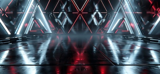 Poster - alien spaceship tunnel corridor glowing red white cinematic lights shallow focus metal construction 