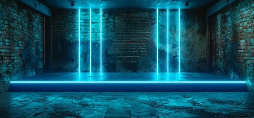 Poster - Sci Fi Futuristic Lasers Glowing Tube Lights Blue Orange On A Rough Brick Wall Realistic Concrete Asphalt Glossy Floor Dark Ambient 3D Model