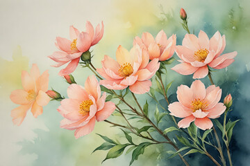 Wall Mural - A painting of a bunch of pink flowers with green leaves