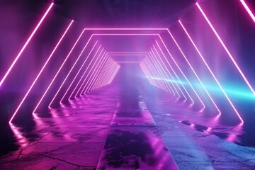 Poster - Glowing cyber punk banner, 3D render illustration dark background, futuristic Sci-Fi neon lights, glowing line, violet neon laser light, tunnel, corridor, virtual reality scene.