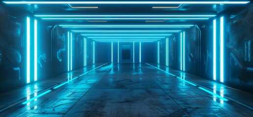 Poster - blue neon laser retro modern spaceship studio showroom gallery concrete asphalt hangar tunnel corrid