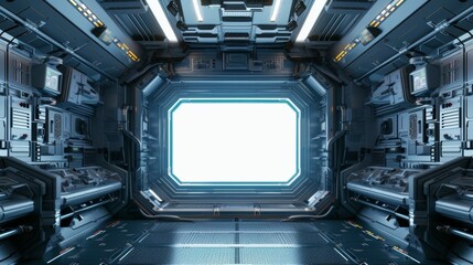 Poster - Futuristic white metallic interior with transparencies in a futuristic white spaceship interior. Futuristic spacecraft with glowing blue and red control panels.
