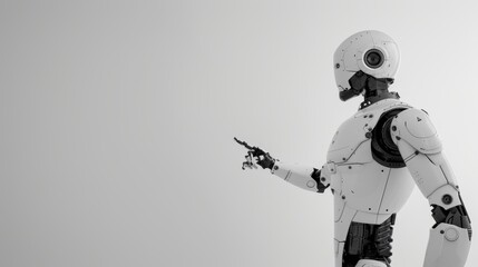 Poster - In this file format, you can see a detailed appearance of a white-black AI robot under a white background with concepts of automatic operation, optimization, and block chain.