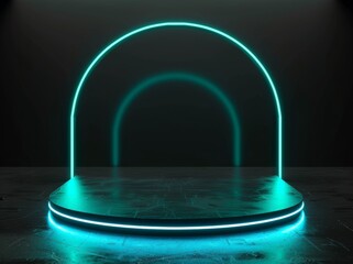 Poster - Scientific stage in black with gradient neon lights. Geometric podium. Sci-Fi mockup.