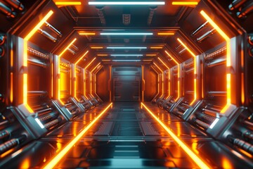 Poster - a futuristic scifi tunnel corridor with glowing lights, 3d rendered illustration of an illuminated s