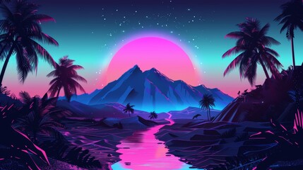 Poster - retrowave or synthwave style poster wallpaper background, night grid poster