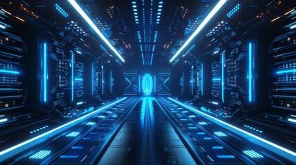 Poster - Future architecture with a neon blue background and an empty interior. Generation AI.