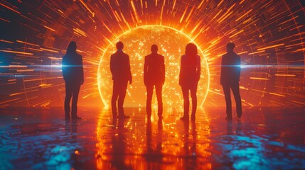 Poster - With scifi, cyberpunk or light innovation background, global hologram, business people, and digital transformation.