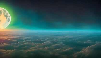 the planet revolves around little smoke flying on a dark space, flat lay background with empty place
