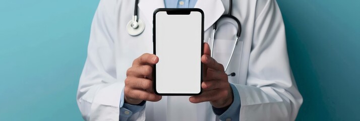 Poster - Doctor holding smartphone with blank screen on light blue background. Medical professional presenting phone mockup for healthcare app or service.
