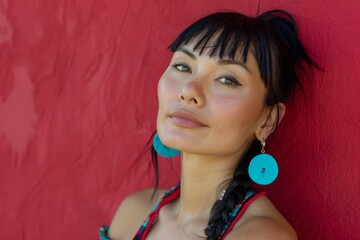 Wall Mural - Portrait of a Woman with Teal Earrings