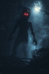 Wall Mural - In the dark forest, a horror unfolds, where evil spirits lurk, shrouded in mist and shadow.