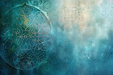 Poster - An abstract background with intricate geometric patterns in teal and white, evoking a sense of traditional Islamic art. Generative AI