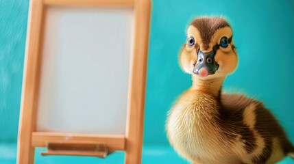 Wall Mural - An adorable duckling with wide, innocent eyes, posing next to a whiteboard for text, set against a turquoise background.