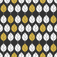 Wall Mural - autumn leaves gold and white colors seamless pattern on dark background.