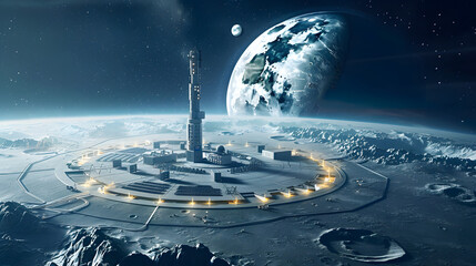 Wall Mural - space station on moon against blue planet earth
