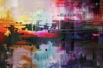 Poster - Abstract art piece with a digital glitch aesthetic, featuring horizontal stripes in red, yellow, blue, and green. Generative AI
