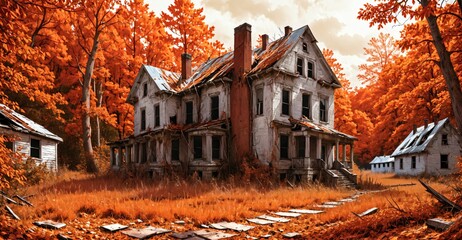 abandoned house buildings in town in autumn fall. homes with forest woods trees with orange red leaves empty old post apocalyptic city suburb.