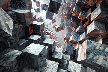 Poster - Detailed close-up of geometric cubes with wood-like surface, creating a dynamic abstract composition. Generative AI