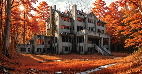 Wall Mural - abandoned house building in city in autumn fall. mansion with forest woods trees with orange red leaves empty old post apocalyptic town suburb.