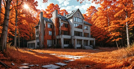 Wall Mural - abandoned house building in city in autumn fall. mansion with forest woods trees with orange red leaves empty old post apocalyptic town suburb.