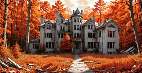 Wall Mural - abandoned house building in city in autumn fall. mansion with forest woods trees with orange red leaves empty old post apocalyptic town suburb.