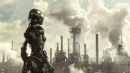 Wall Mural - Giant Robot Patrolling Industrial Factory Landscape
