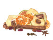 © Masha_tolk_art - Heap of winter spice. Dried slices of orange, cloves, badian, cinnamon and apple. Aroma ingredients for mulled wines, Xmas drinks. Healthy organic vegan food. Watercolor illustration
