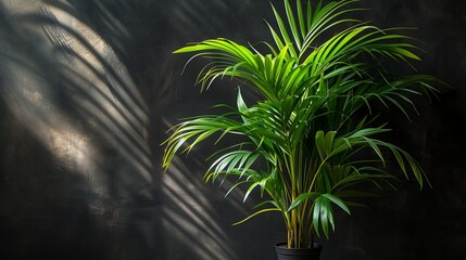 Sticker - A Lush Green Palm Plant Growing In Sunlight Against a Dark Wall