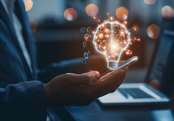 Poster - Innovation concept. People use laptops with virtual light bulb icons for creative idea design