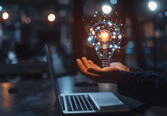 Poster - Innovation concept. People use laptops with virtual light bulb icons for creative idea design