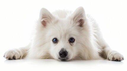 Wall Mural - Adorable American Eskimo Dog Making Playful Face Expressions on White Background