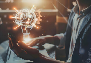 Poster - Innovation concept. People use laptops with virtual light bulb icons for creative idea design