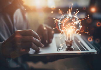Poster - Innovation concept. People use laptops with virtual light bulb icons for creative idea design