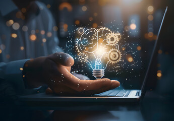 Poster - Innovation concept. People use laptops with virtual light bulb icons for creative idea design