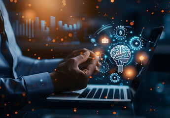 Poster - Innovation concept. People use laptops with virtual light bulb icons for creative idea design