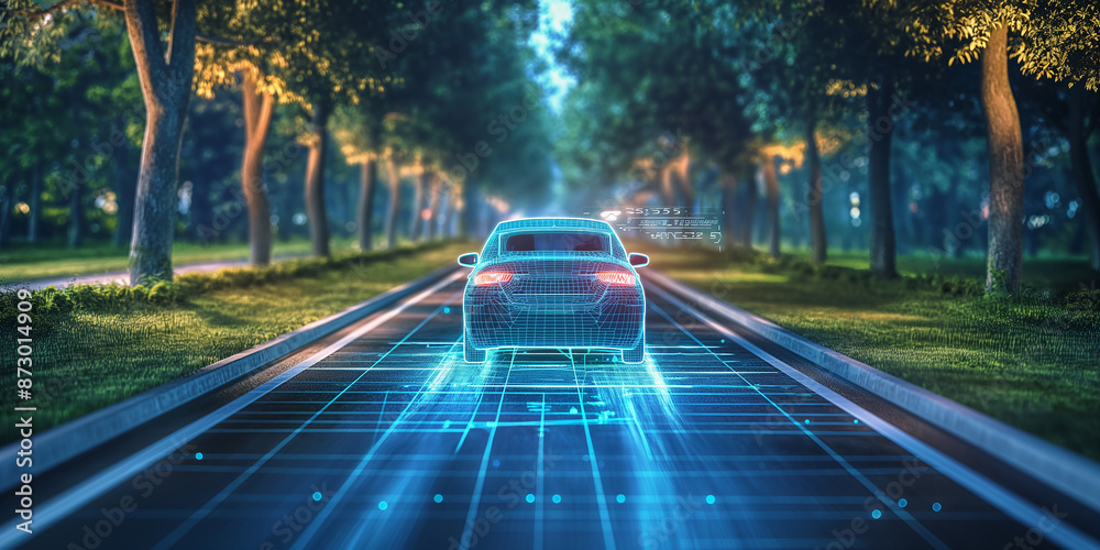 Holographic diagram shows the coordinates and driving speed of a car ...