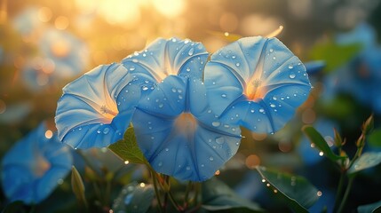 Wall Mural - Nature concept background backdrop for your wedding, invitation, poster, banner project design close up photo of beautiful morning glory flowers with magical atmosphere and soft light