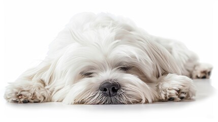 Wall Mural - Adorable Sleepy Maltese Dog with Sweet Face Expression on White Background